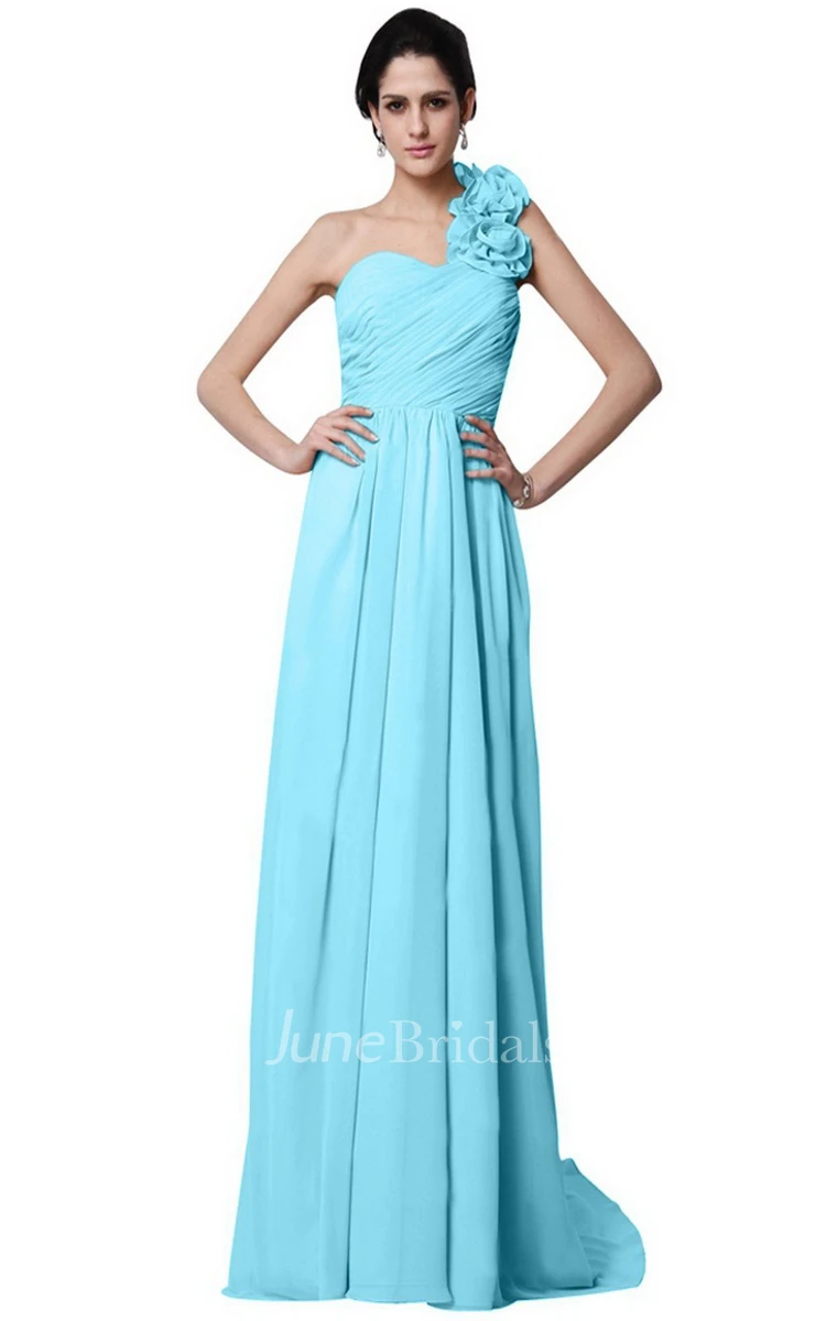 One-shoulder Long Chiffon Dress With Flowers