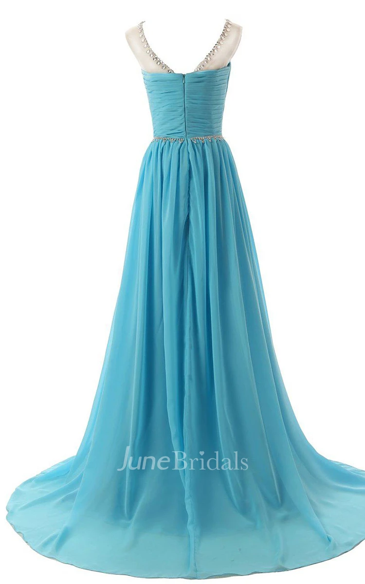 Sleeveless A-line Long Chiffon Dress With Beadings and Pleats