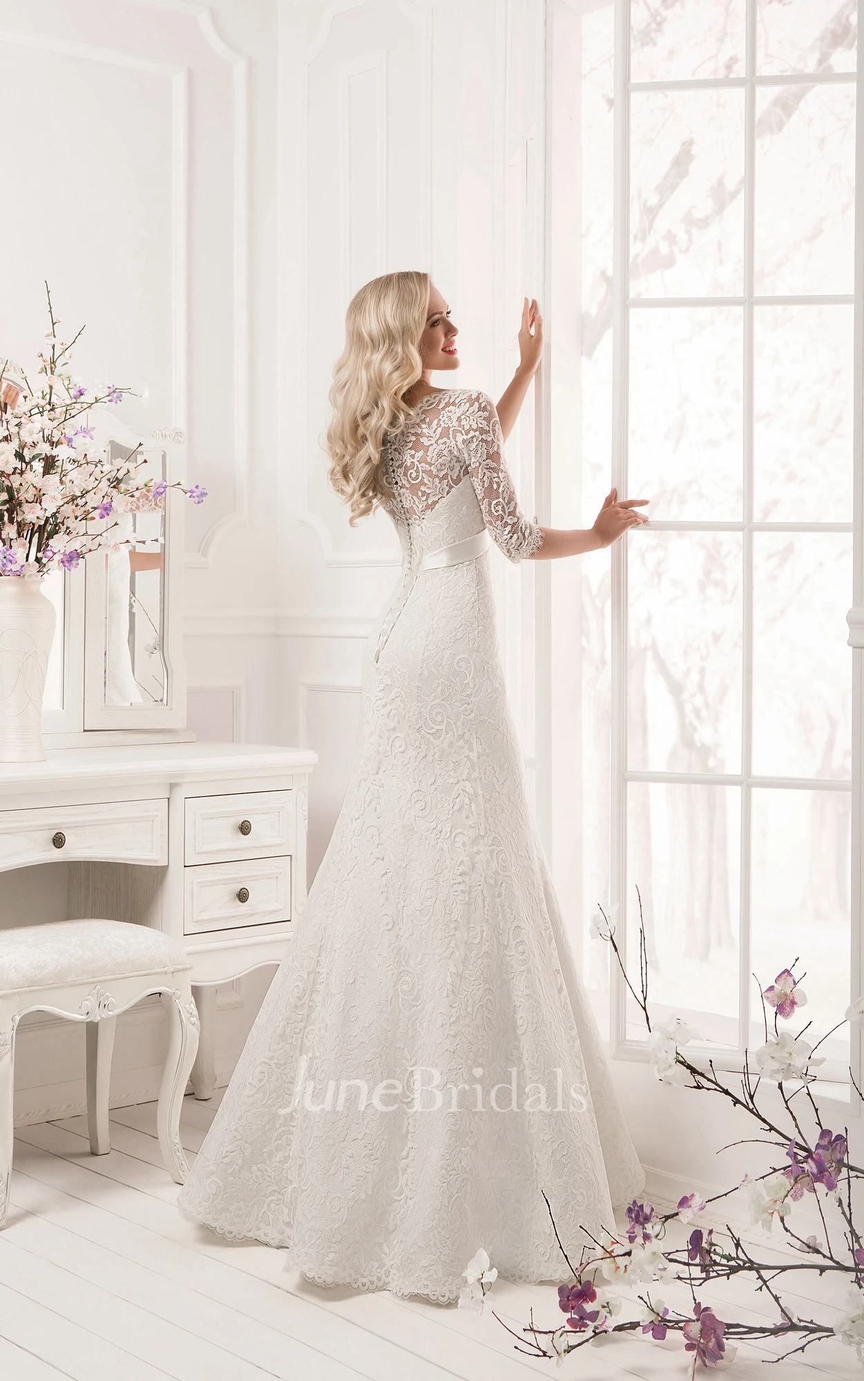 Lace Long Sleeve Bow Floor Length Sheath Dress