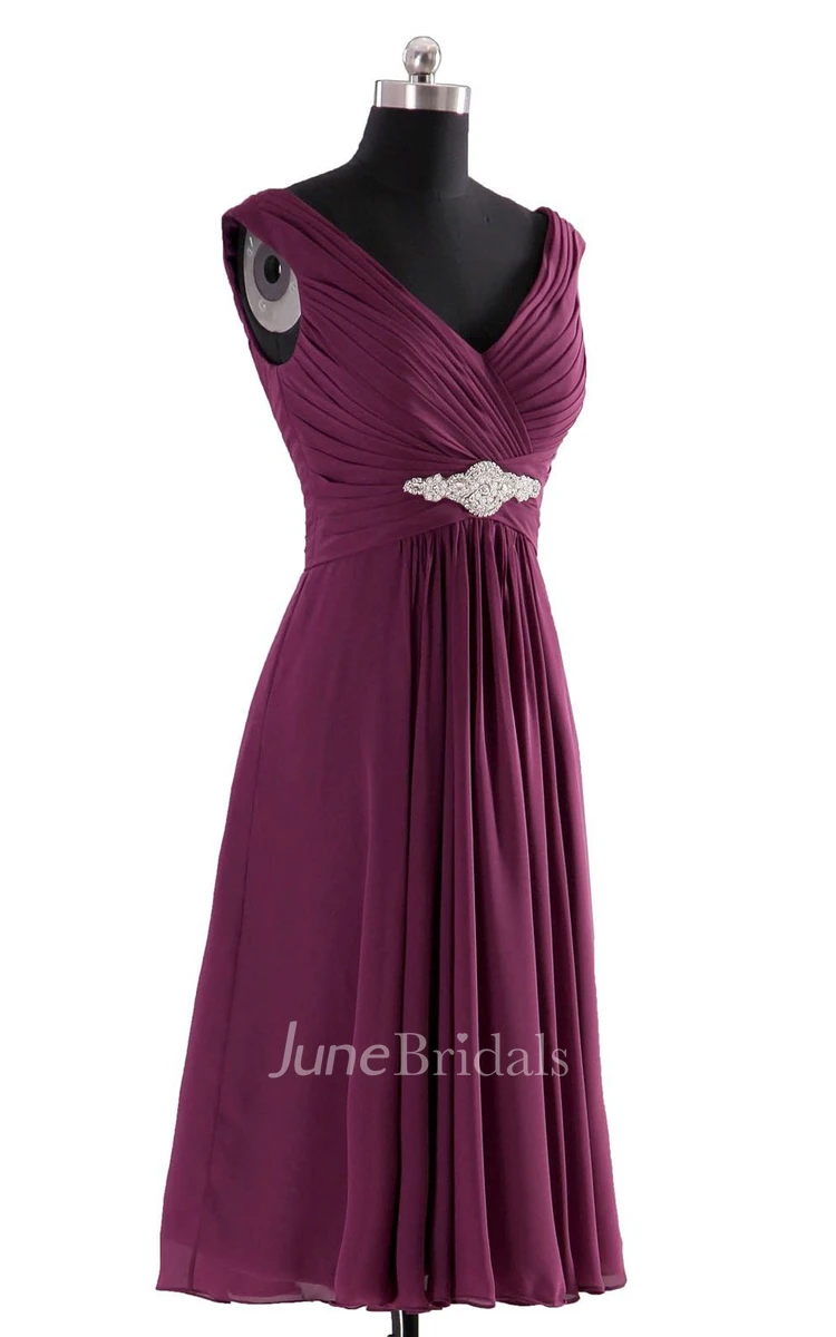 V-neckline Pleated Basque Waist Dress With Crystal