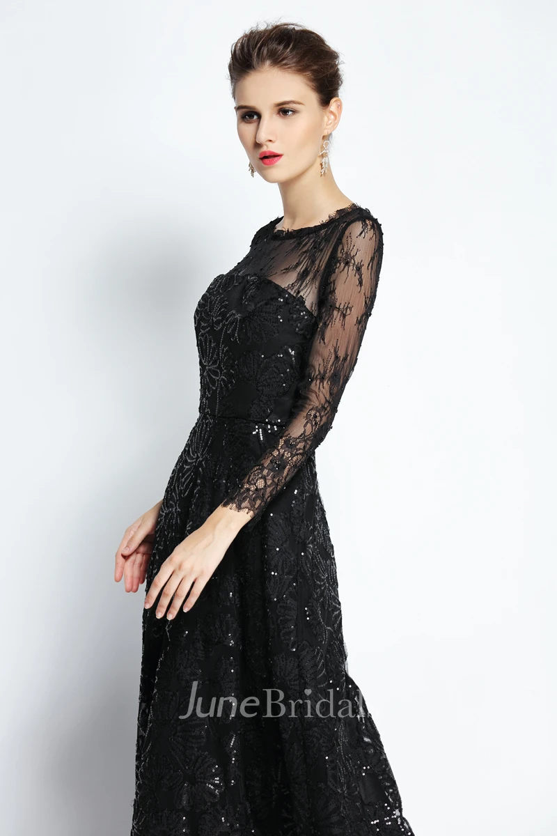 A-Line Bateau Scalloped Illusion Long Sleeve Floor-length Lace Prom Dress with Low-V Back