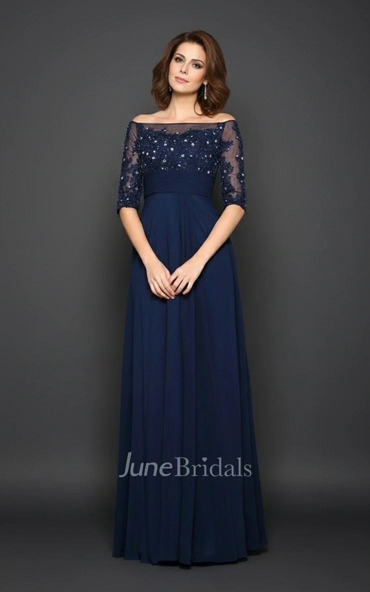 A-Line Chiffon Maxi Mother of the Bride Dress Off-the-Shoulder Illusion Half Sleeve Lace Gown