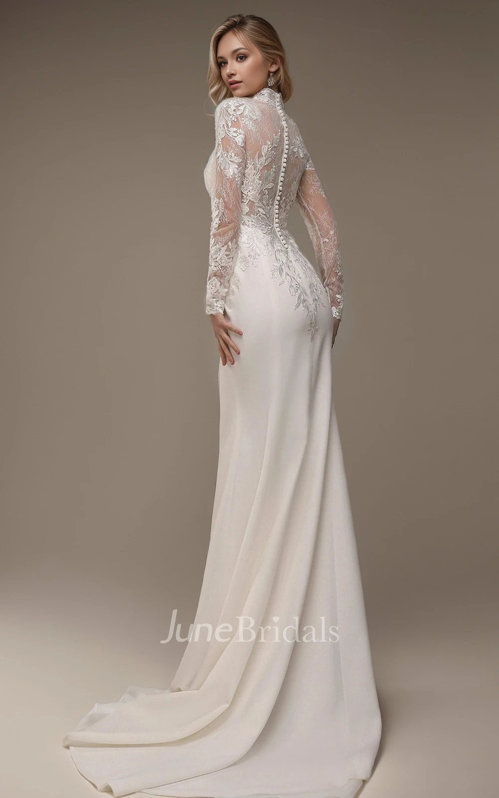 Modest Lace High Neck Long Sleeve Wedding Dress Fitted Mermaid Vintage Princess Bridal Gown