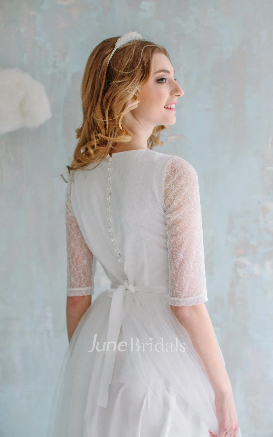 A-Line Long Tulle Lace Satin Dress With Flower Button