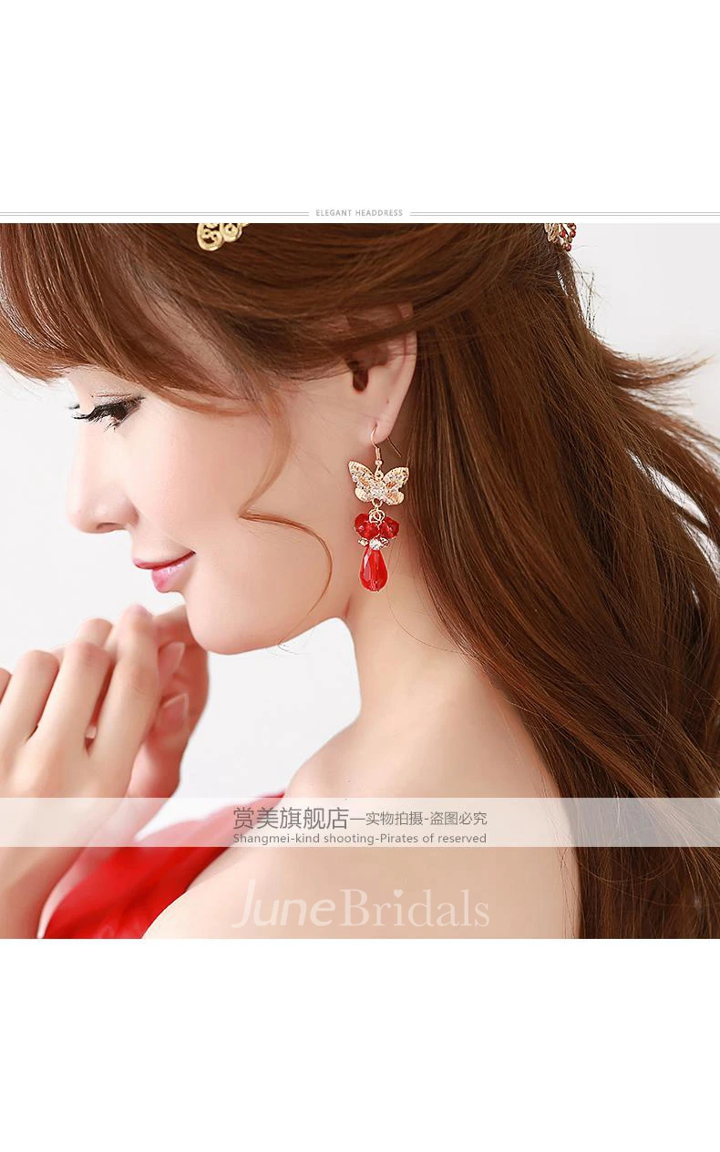 Bride Red Headdress Hair Ornaments Chinese Cheongsam Wedding Accessories Plate Hairpin U-Shaped Clip