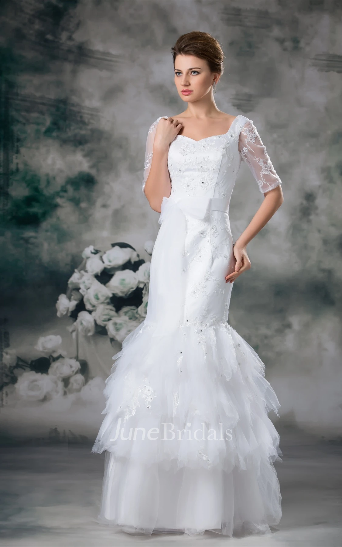 square-neck mermaid half-sleeve dress with tiers and beading