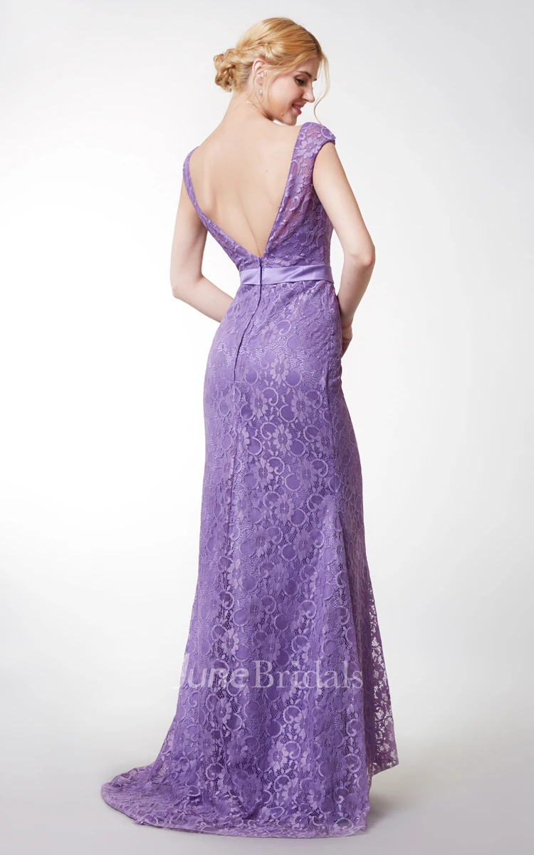 Vintage Short Sleeve Bateau Neck Long Lace Dress With Satin Belt