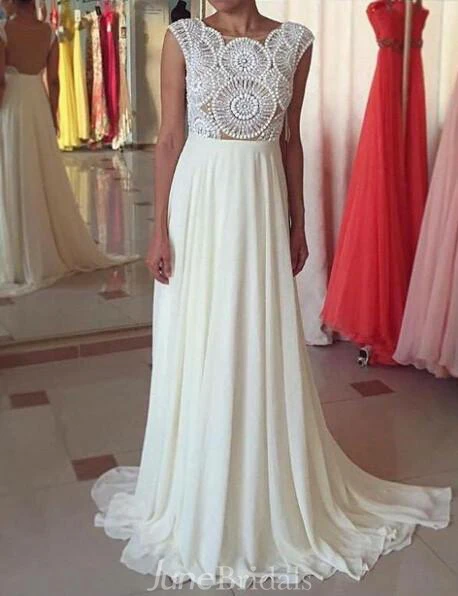 Newest Pearls Chiffon A-line Prom Dress Cap Sleeve Sweep Train