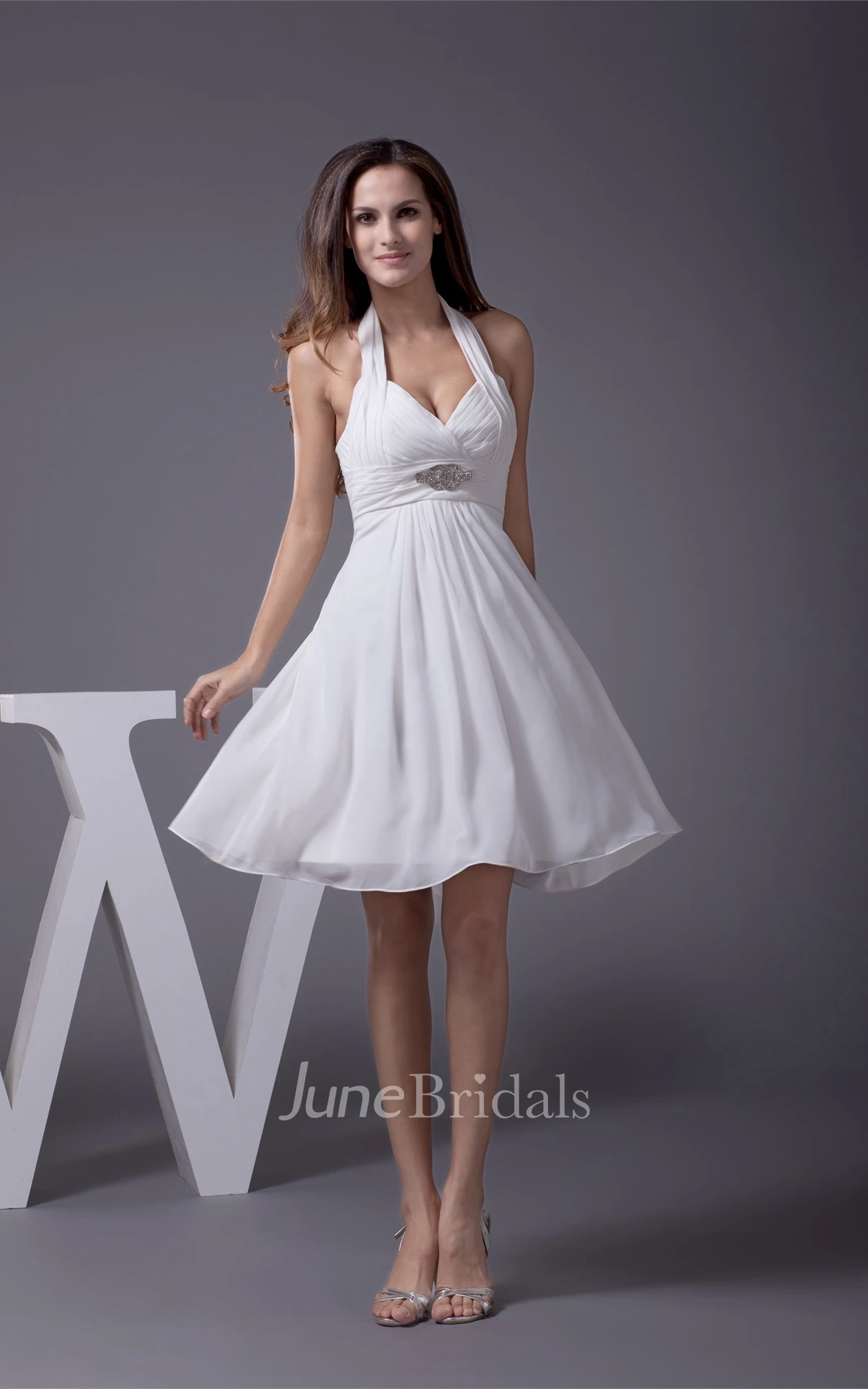 Knee-Length Sleeveless Halter A-Line Dress with Ruching and Beadings