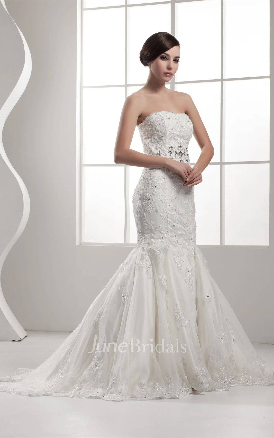 Strapless Lace Trumpet A-Line Dress with Beading and Pleats