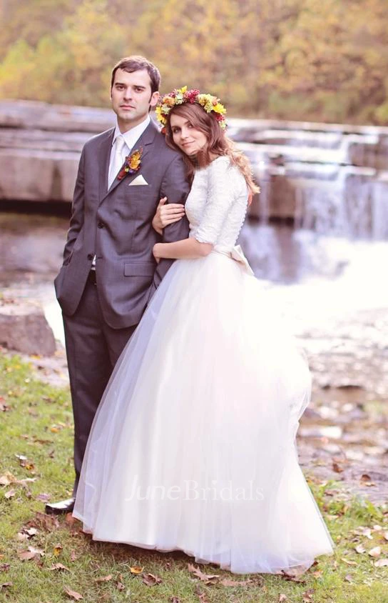Modest Simple Scoop Lace Tulle Winter Wedding Dress with Elbow Sleeves