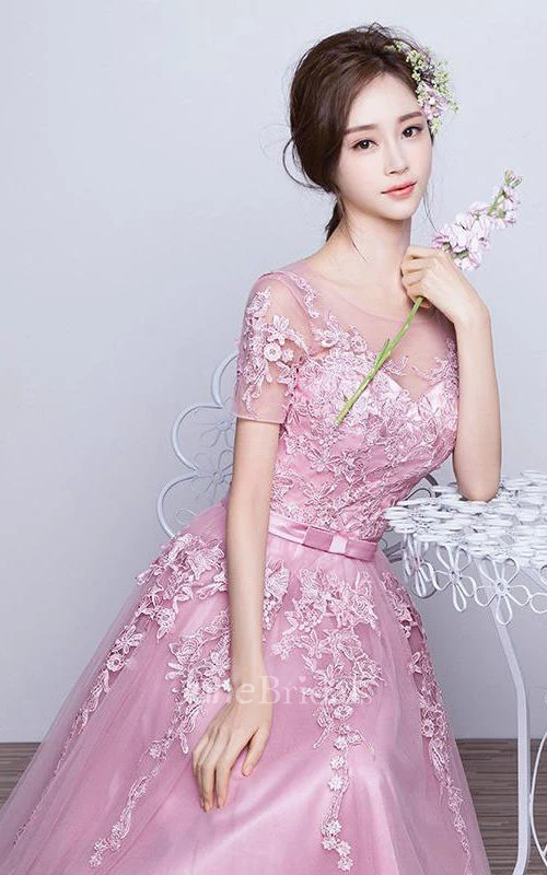 Short Sleeve A-line Long Tulle Dress with Appliques