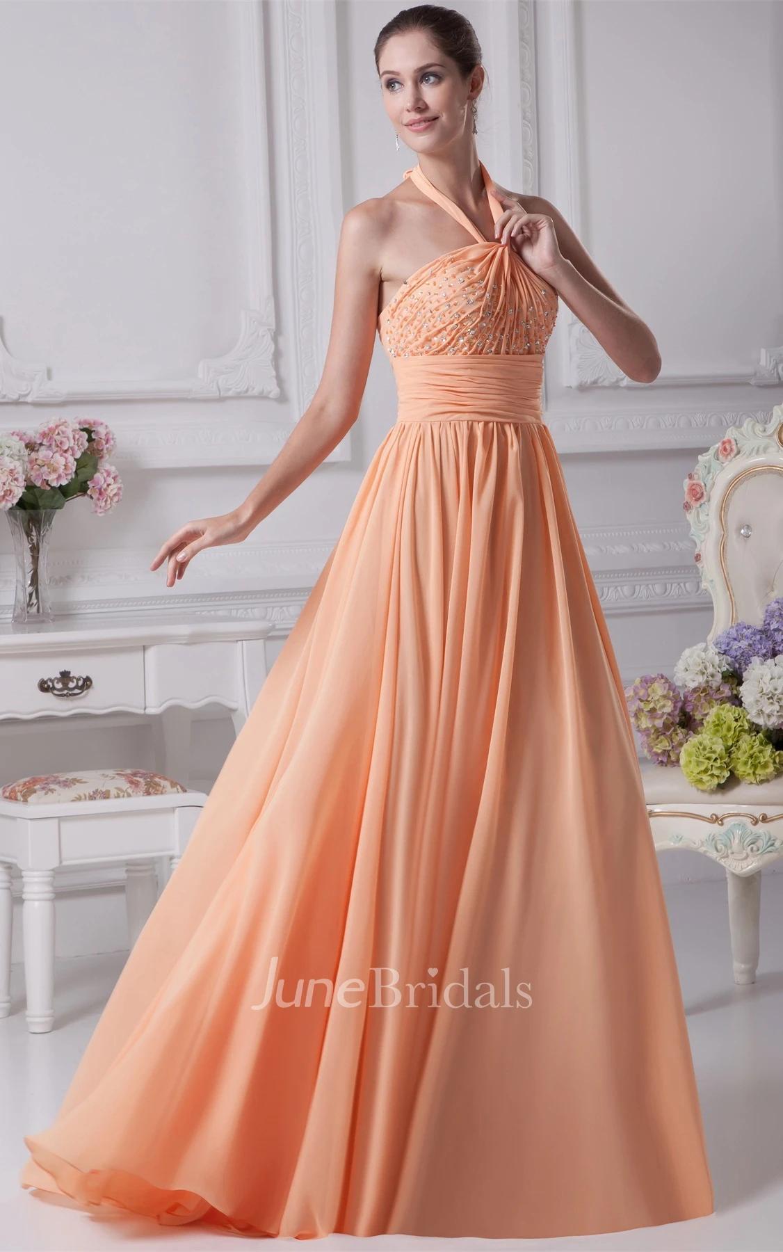 Sleeveless Ruched Chiffon A-Line Gown with Halter and Jeweled Top