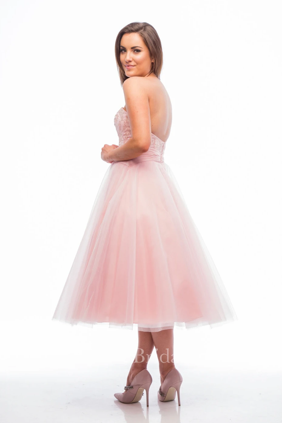 A-Line Tea-Length Appliqued Sleeveless Sweetheart Tulle Bridesmaid Dress