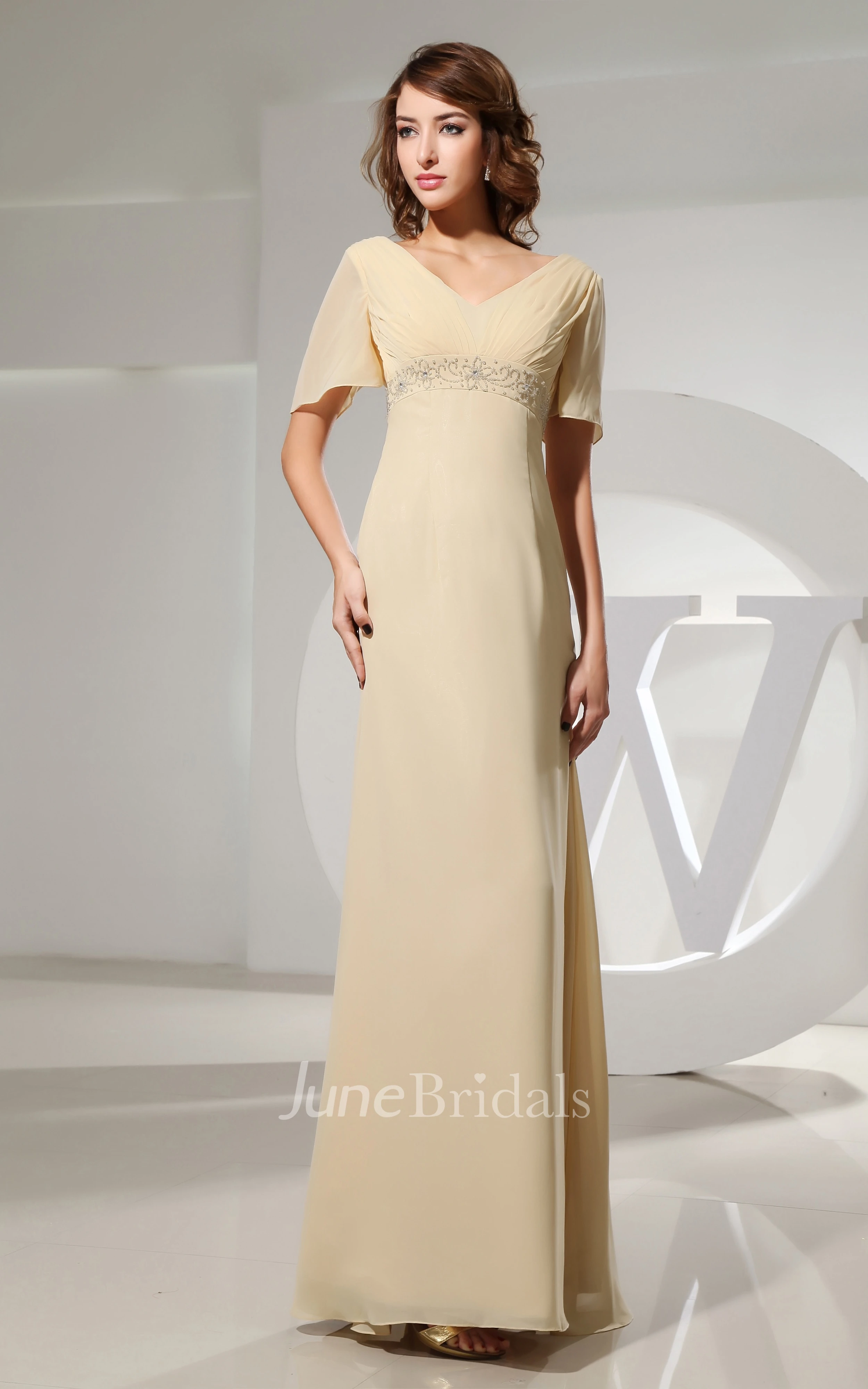 V-Neck Strapless Empire Chiffon Dress With Beading