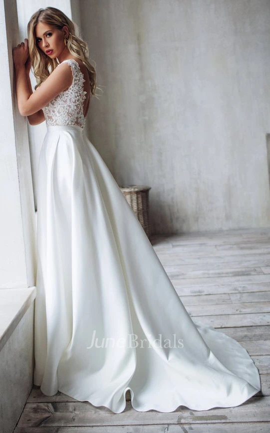 Romantic A Line Satin Lace V-neck Sleeveless Wedding Dress with Ruffles