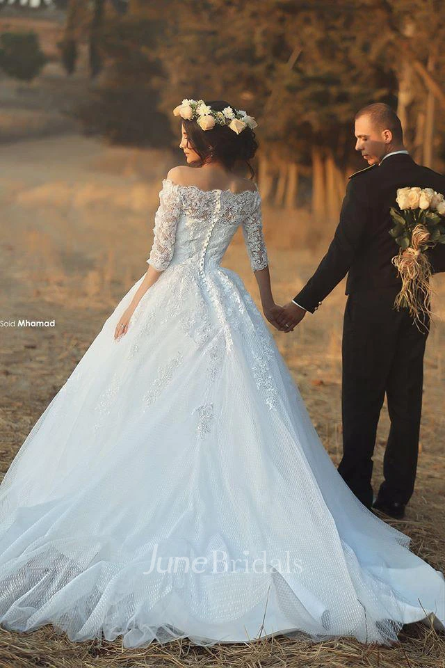 Elegant Tulle Lace Appliques Ball Gown Wedding Dress Half Sleeve