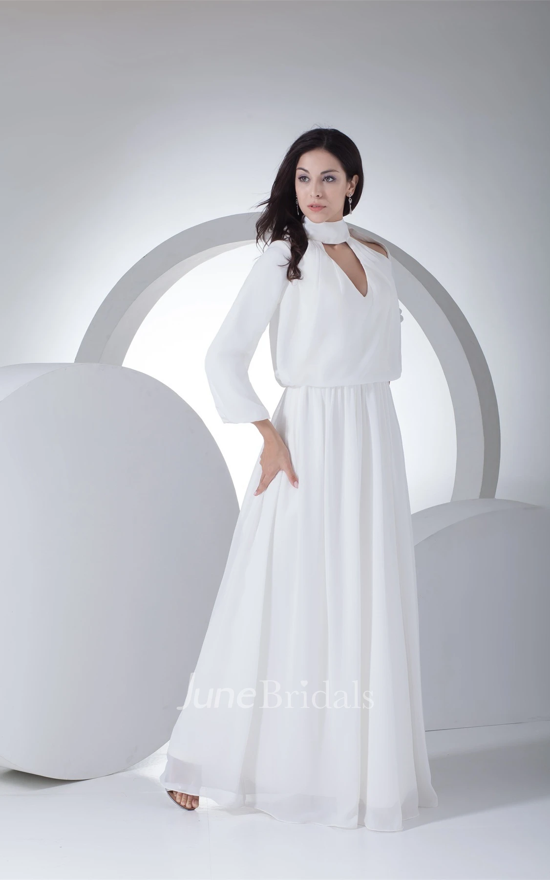 3-4 Sleeve High-Neck A-Line Chiffon Dress with Pleats and Zipper Back