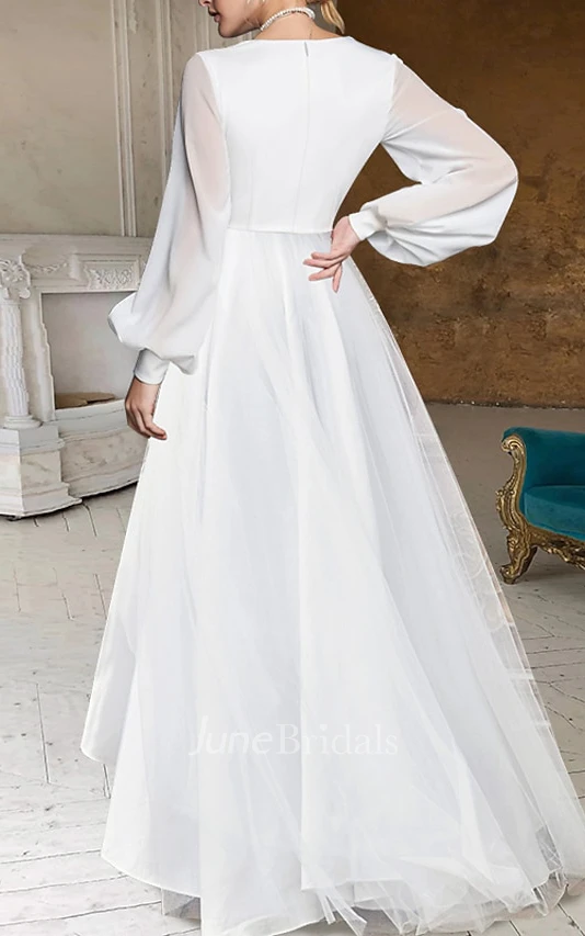 Simple Modest A-Line Poet Long Sleeve Winter Wedding Dress Unique Flowy Chiffon Asymmetrical Tea Length High Low Bridal Gown