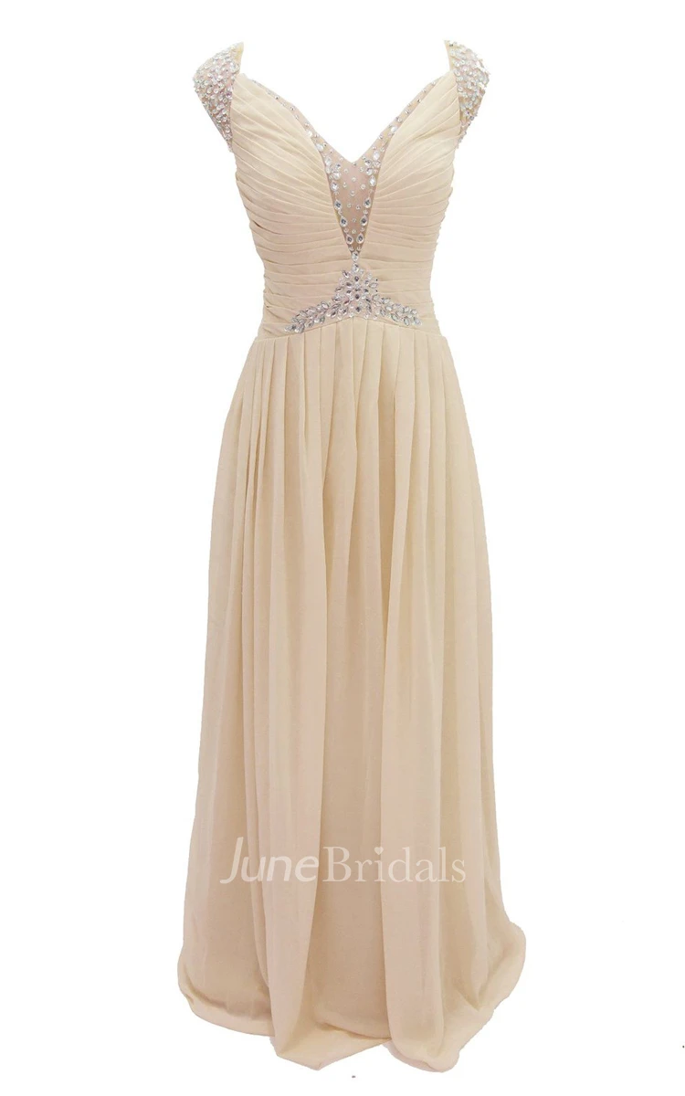 Cap-sleeve V-neck Chiffon A-line Gown With Crystal Detail