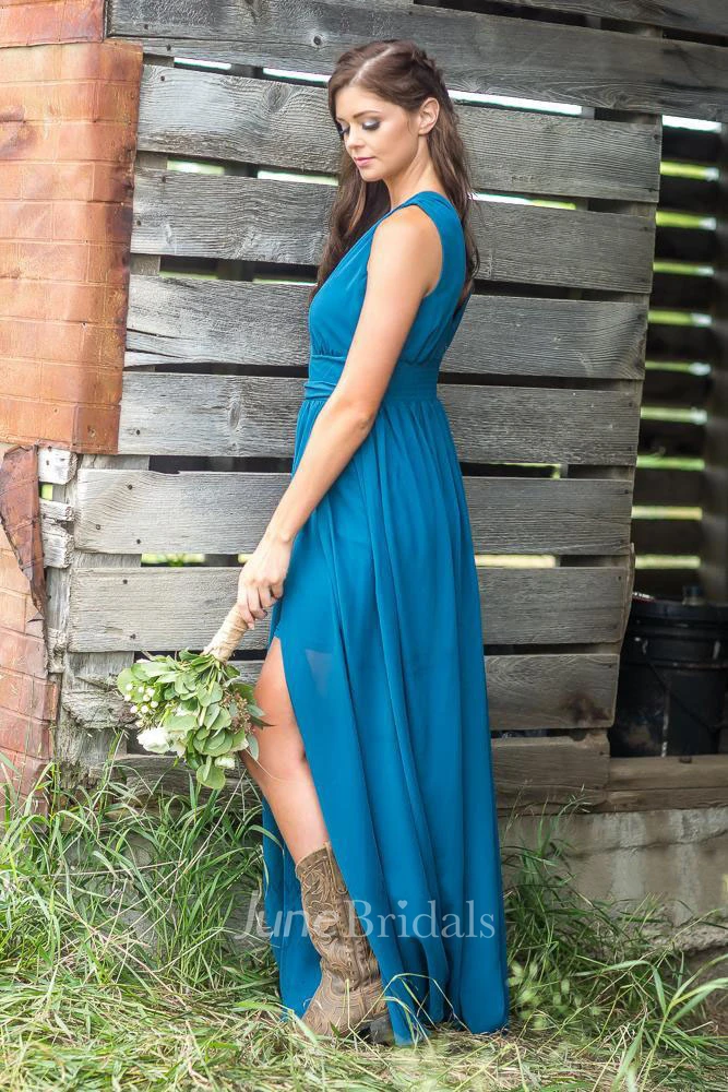 Chiffon V-neck Sleeveless Low-V Back Bridesmaid Dress