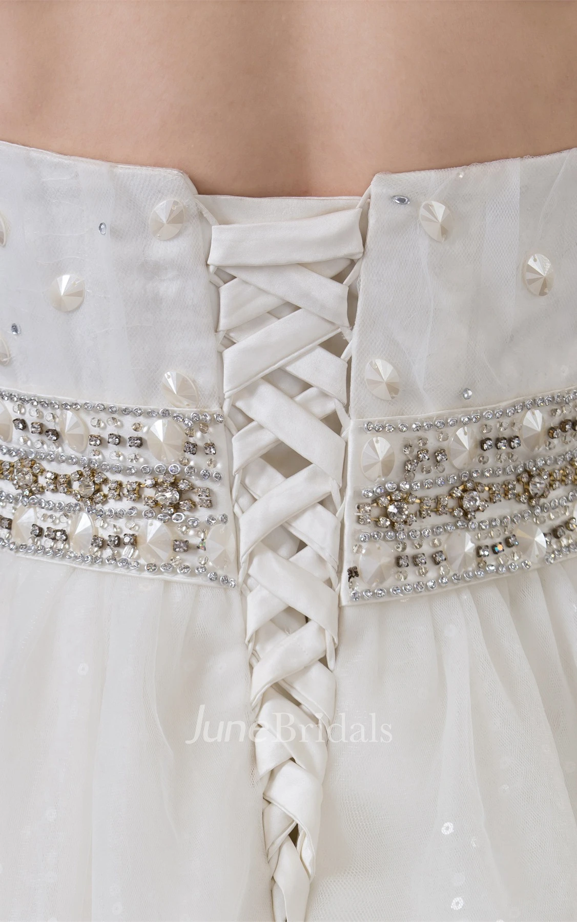 Strapless Tulle Jeweled Gown with Appliques and Corset Back