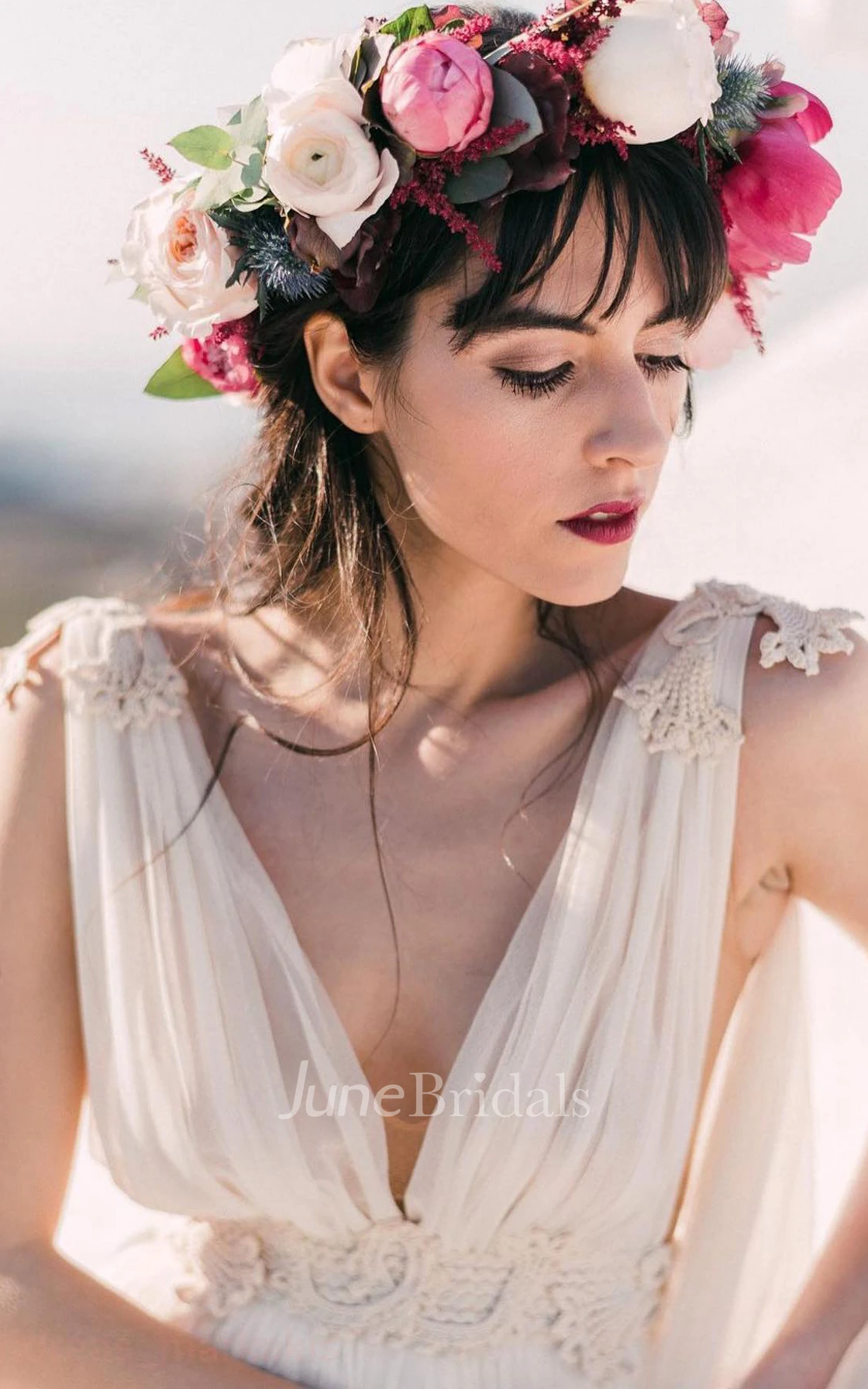 Grecian V-neck Plunging Neckline A-Line Tulle Wedding Dress With Low-V Back And Sash