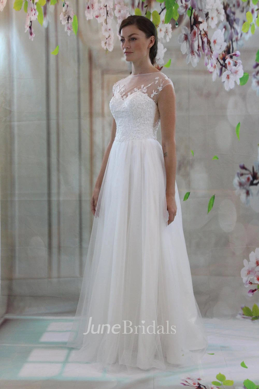 Illusion High Neck Cap Sleeve A-Line Tulle Wedding Dress With Lace Bodice