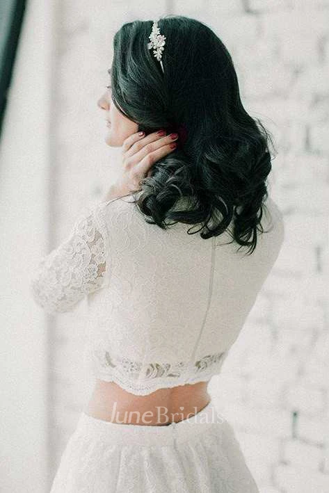 Jewel-Neck 3-4-Sleeve Two-Piece A-Line Wedding Dress and Delicate Exquisite Hand-flower Vine Pearl Hair With Ear Clip Set