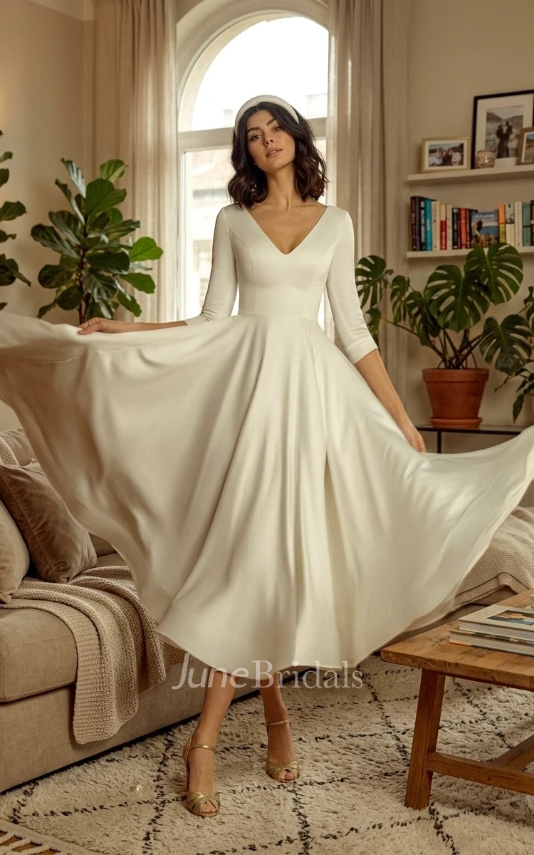 A-Line Long Sleeve V-neck Simple Casual Modest Tea-length Spring Wedding Dress Gowns