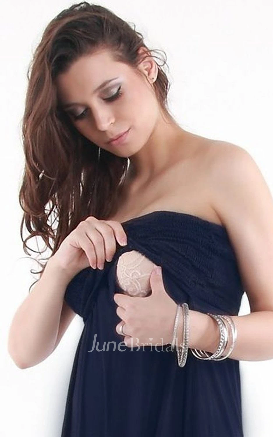 Strapless Midi-length Pleated Ruffled Satin Maternity Dress