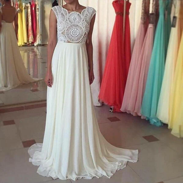 Newest Pearls Chiffon A-line Prom Dress Cap Sleeve Sweep Train