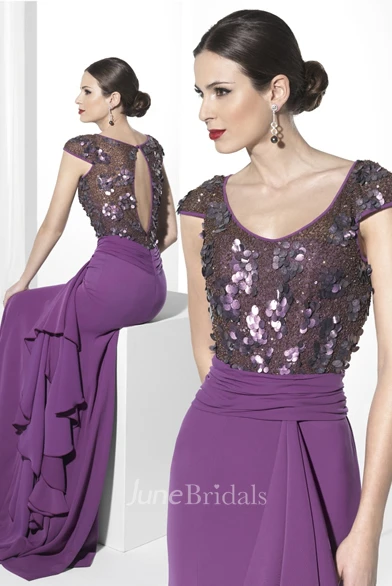 Mature Modest Sheath Short Cap Sleeve Sequined Jersey Prom Party Dress
