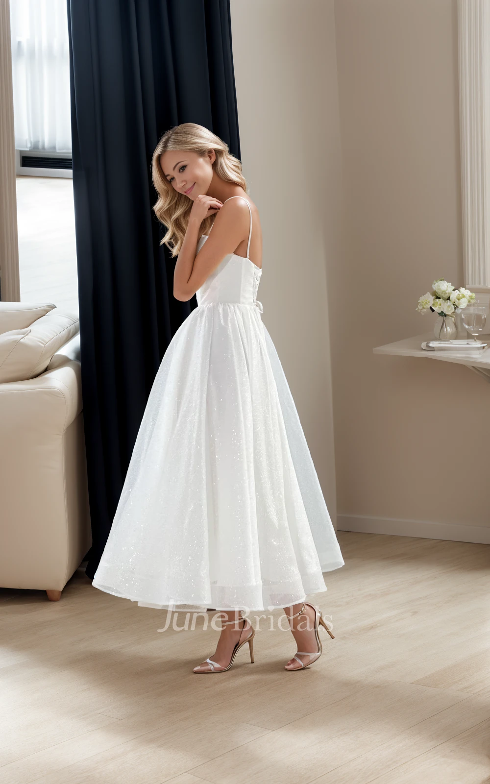 Modern Simple A-Line Sparkly Midi Wedding Dress Spaghetti Corset Back Ankle Length Gown
