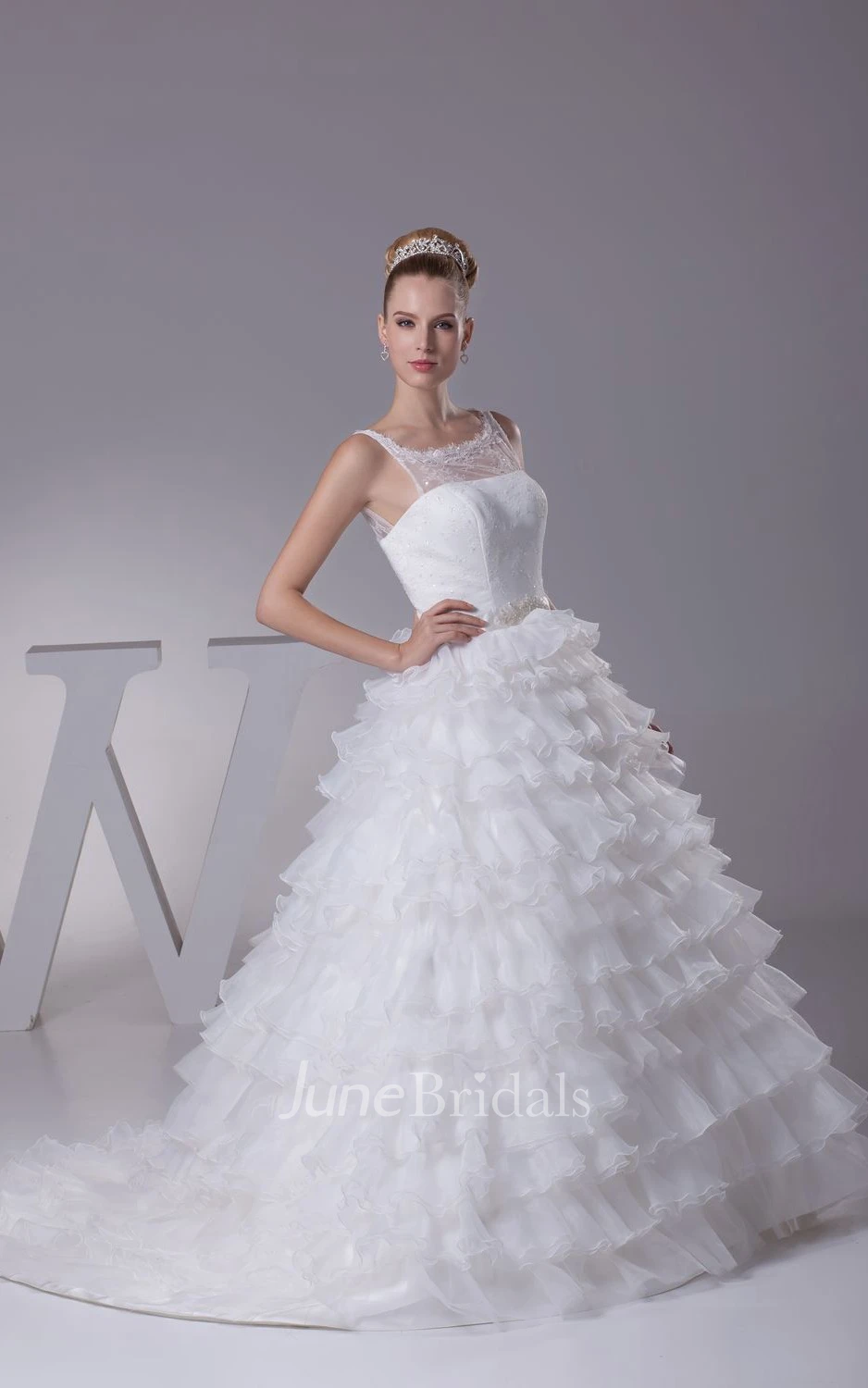 Square-Neck Appliqued A-Line Ball Gown Dress Tiers and Beaded Waist