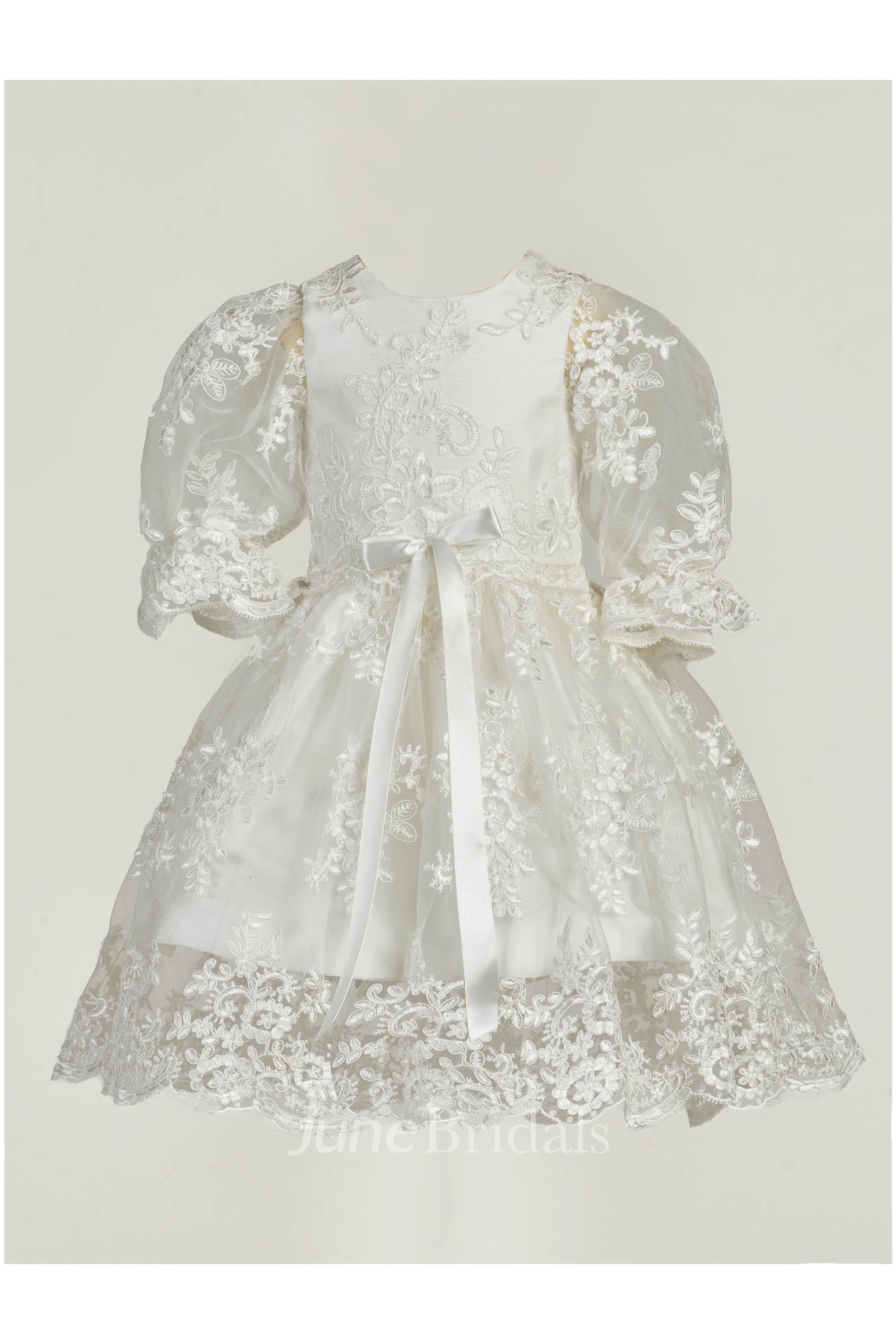 Graceful Christening Gown With Lace Appliques And Sash