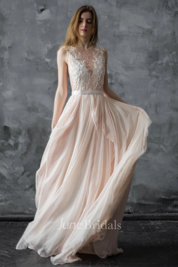 Scoop-Neck Sleeveless Chiffon Pleats Pick Up Dress With Lace Top