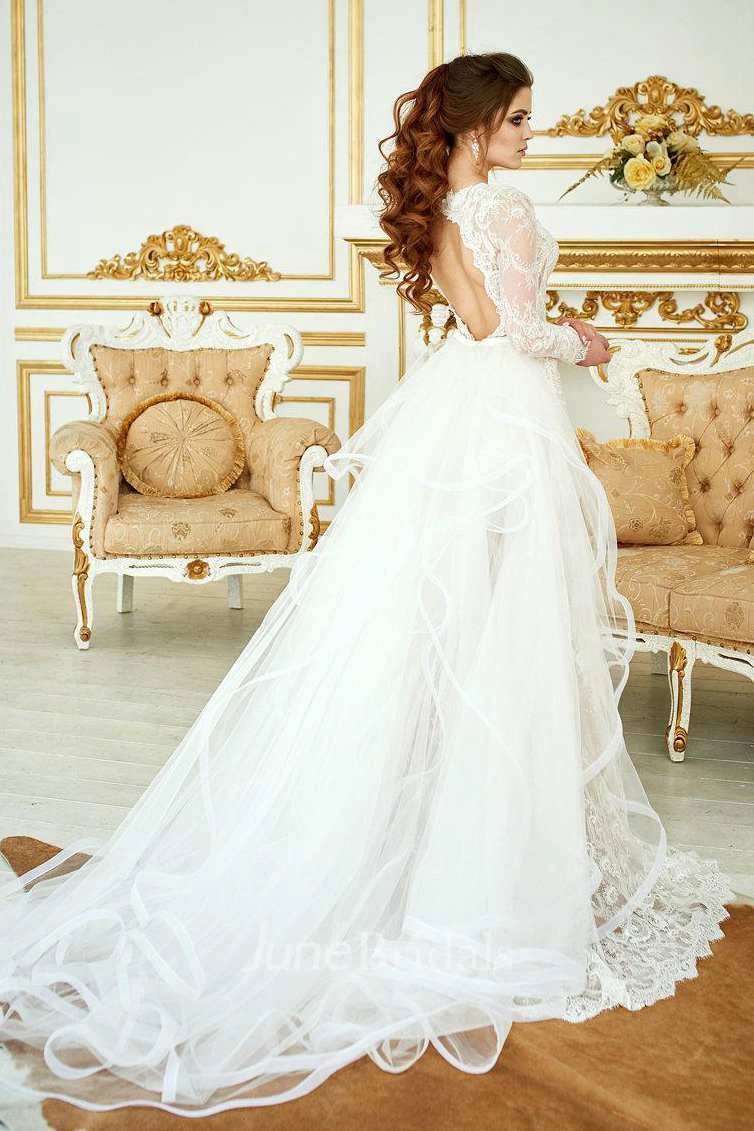 Deep-V-Neck Lace Illusion Long Sleeve Mermaid Beaded Wedding Dress With Skirt