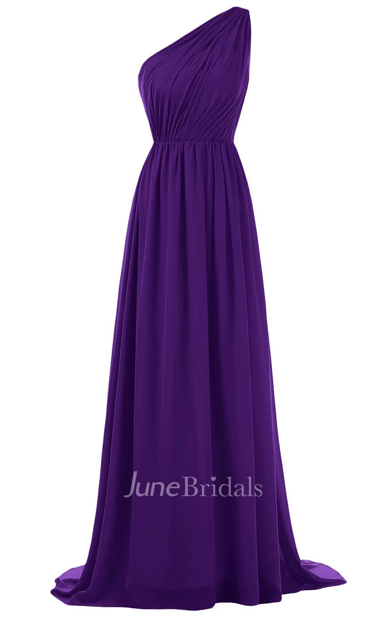 Chic One-shoulder Pleated Chiffon A-line Gown With Train