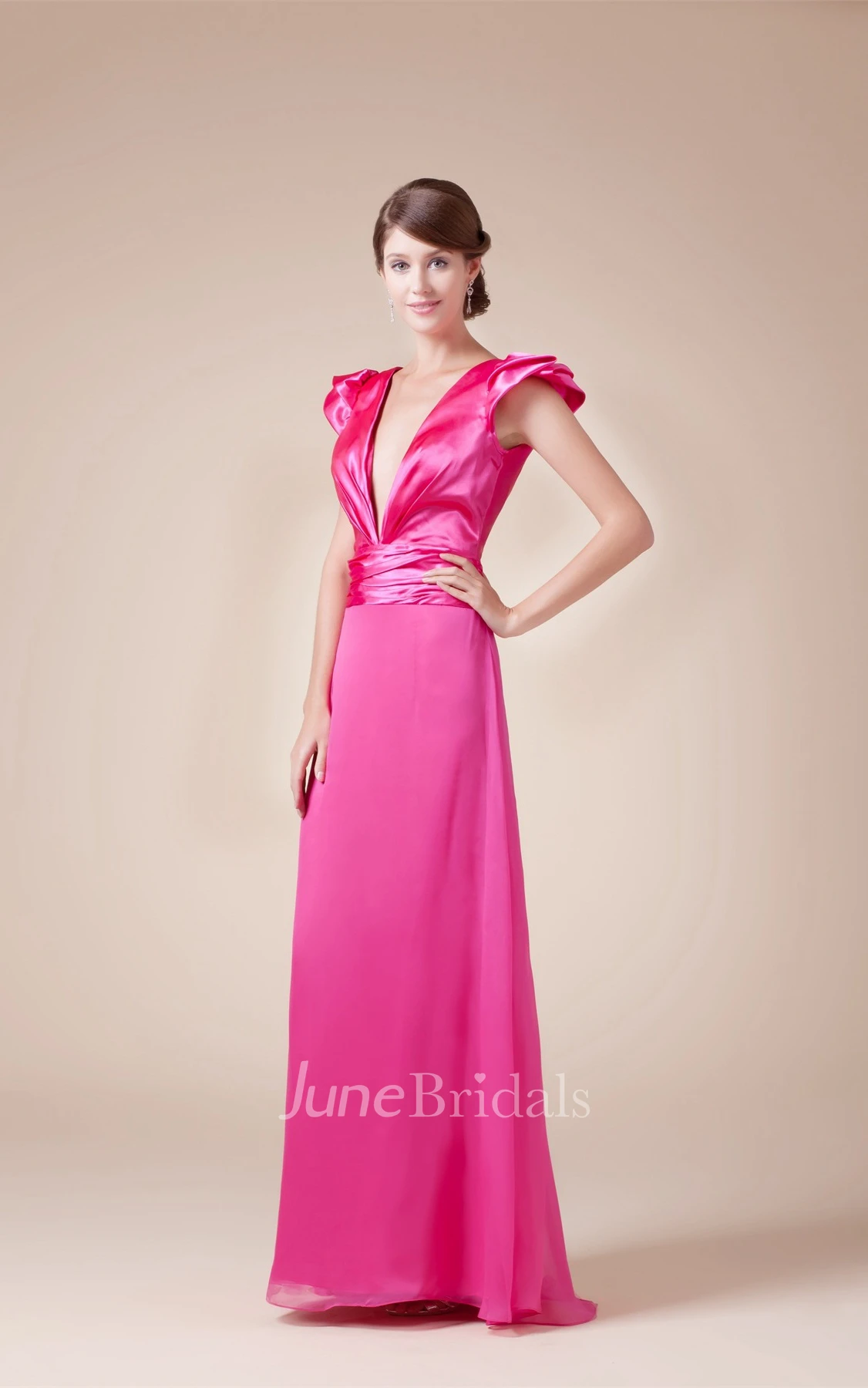 Plunged Caped-Sleeve Chiffon Dress with Ruched Waist