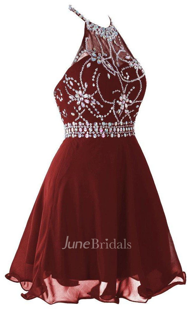 Halter Short Prom Dress With Beadings And Rhinestones