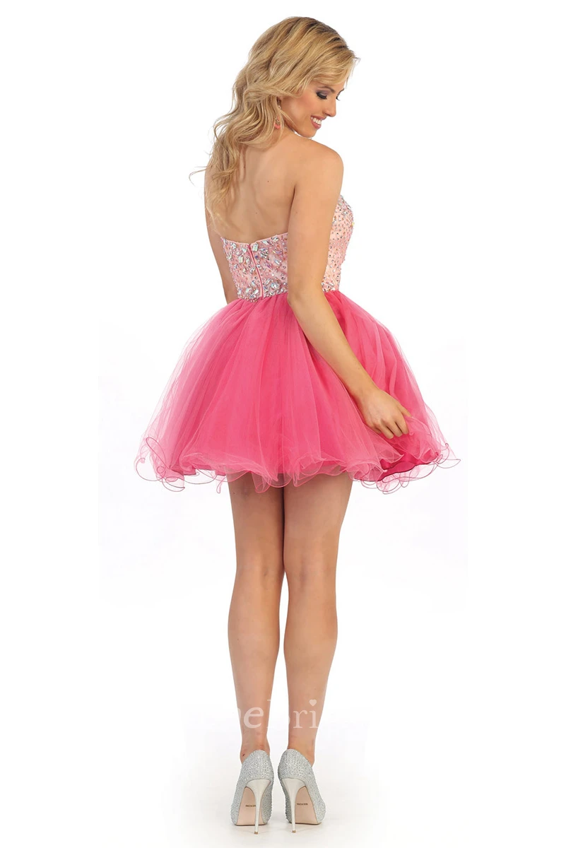 A-Line Short Sweetheart Sleeveless Tulle Backless Dress With Beading And Ruffles