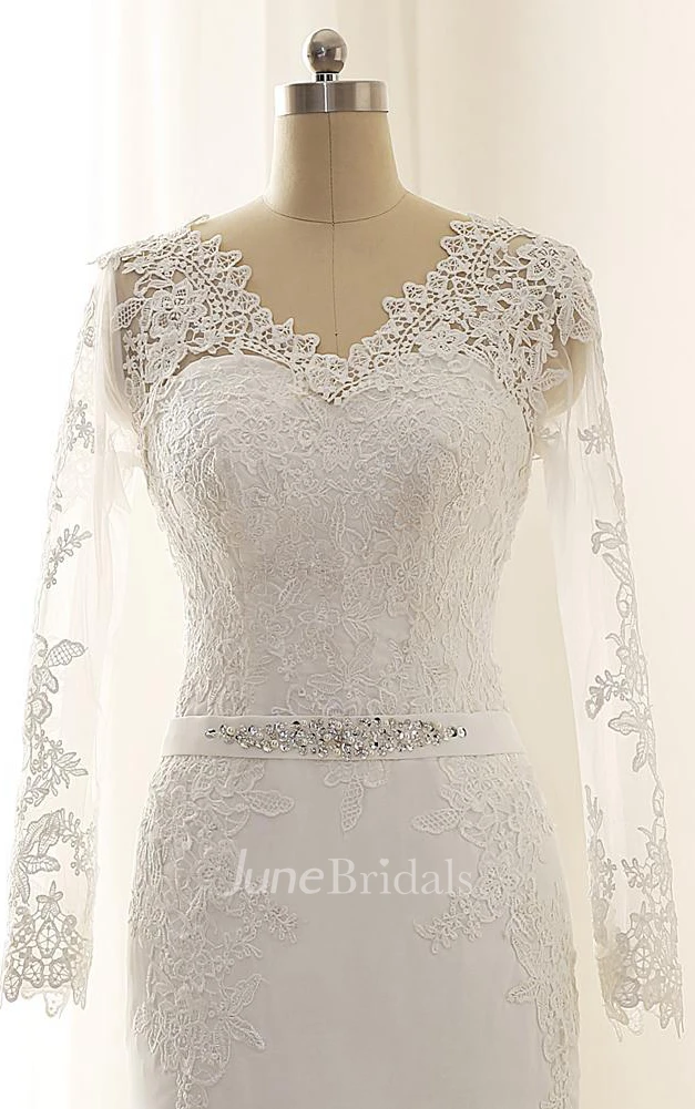 Maxi V-Neck Long Sleeve Beading Sweep Train Lace Satin Dress