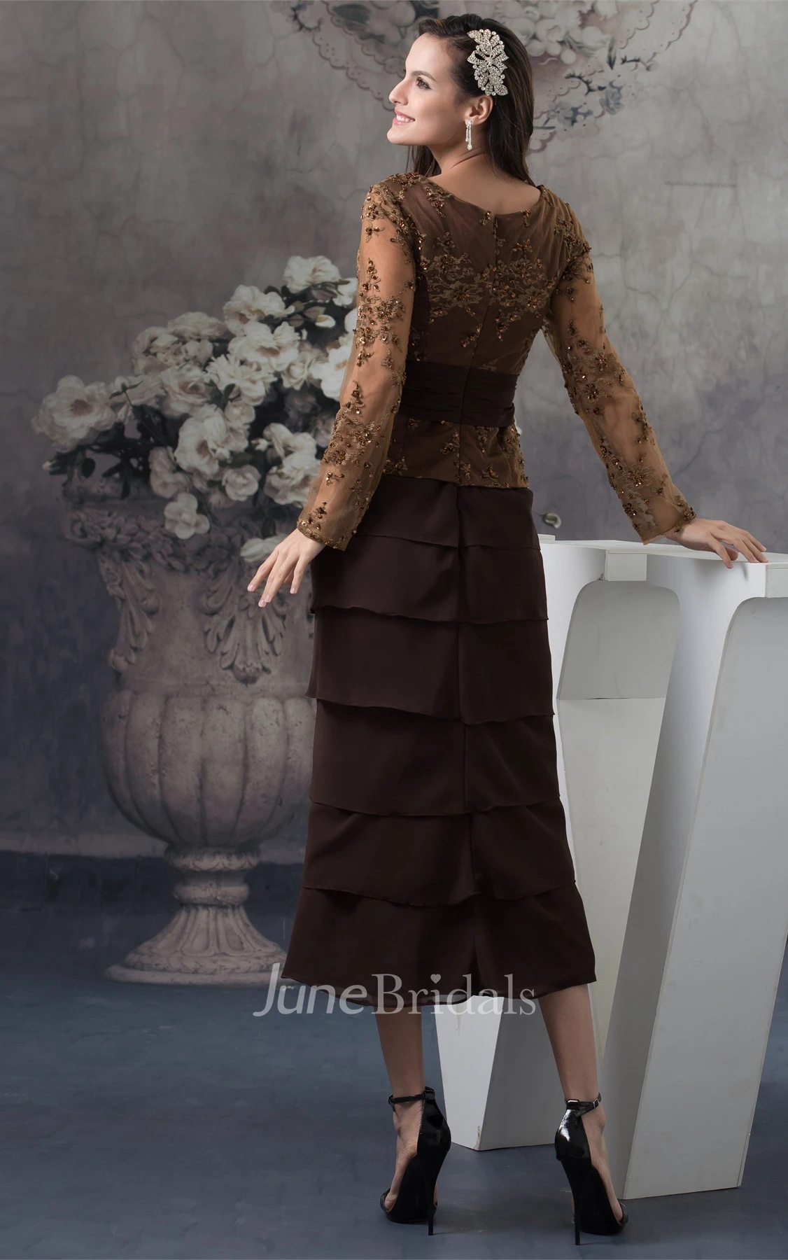 Classic Square-Neck Long-Sleeve Ankle-Length Dress with Tiers and Appliques