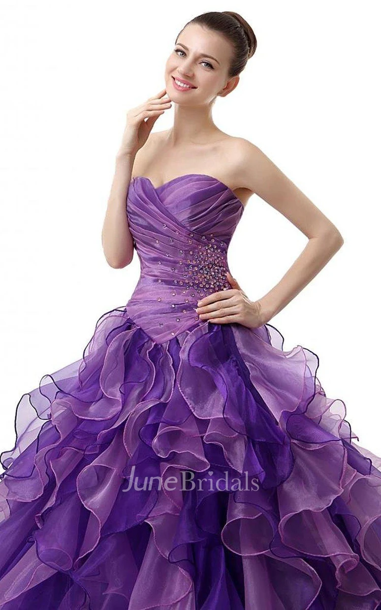 Dreaming Sweetheart Ruched Ball Gown With Cascading Ruffles and Rhinestones