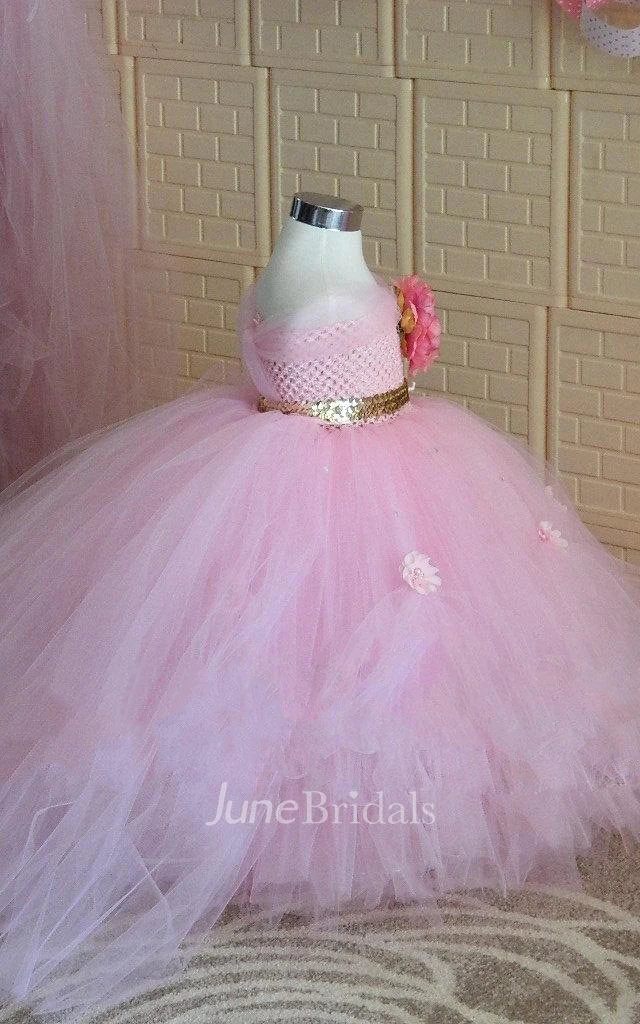 Sleeveless Beaded Tulle Dress With Flower and Pleats