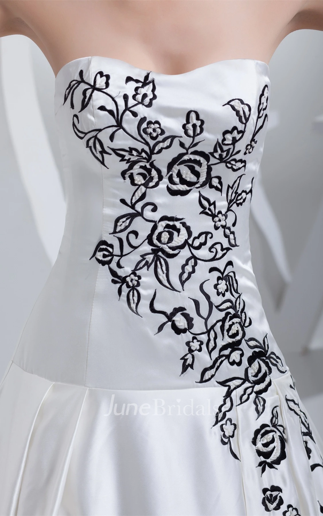 Strapless Embroidered Satin Ball Gown with Ruching and Court Train