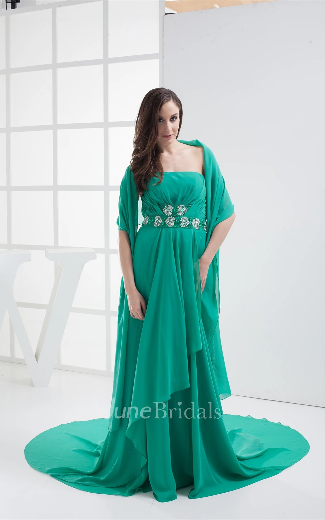 Side Draping Strapless Ruched Gown with Beaded Sash Detachable Cap Sleeve