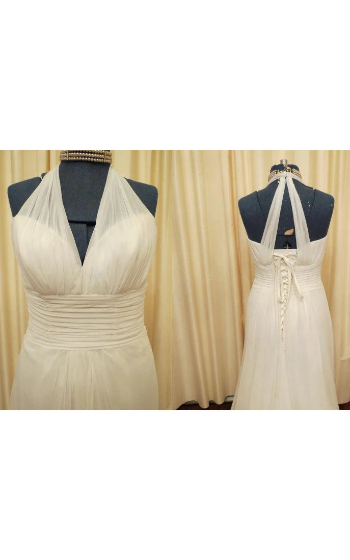 Halter Empire Sheath Chiffon Wedding Dress With Ruching And Lace-Up Back