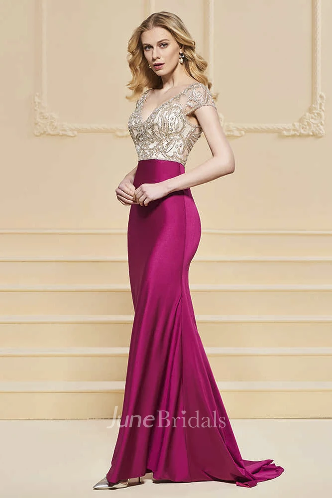 Sexy Plunging Illusion Sheath Satin Two Tune Gown With Beading